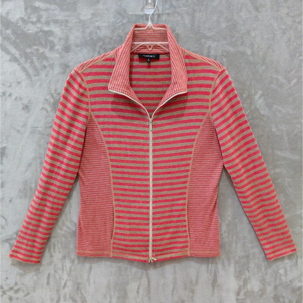Lafayette 148 Full Zip Striped Sweater Women's Medium Orange Tan Lightweight